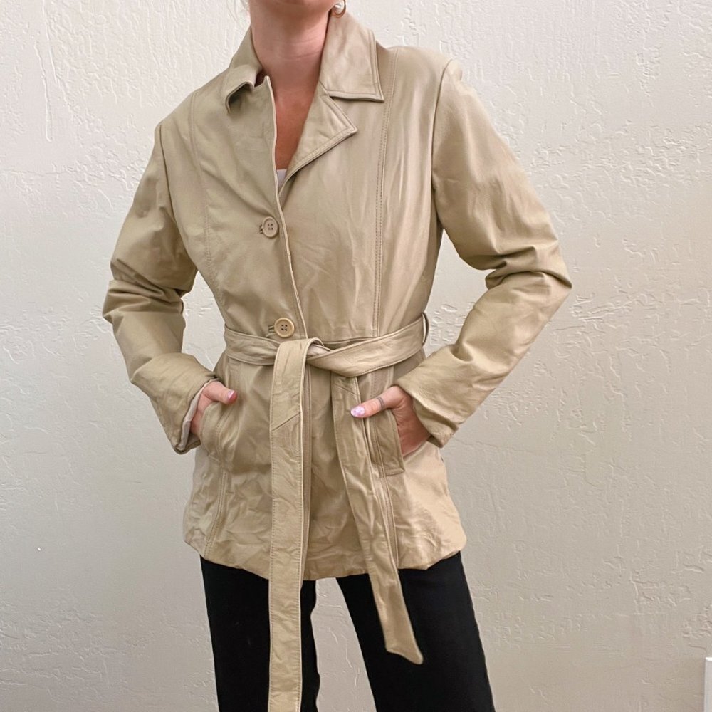Vintage 1990's Beige 100% Leather Belted Button Up Blazer Jacket